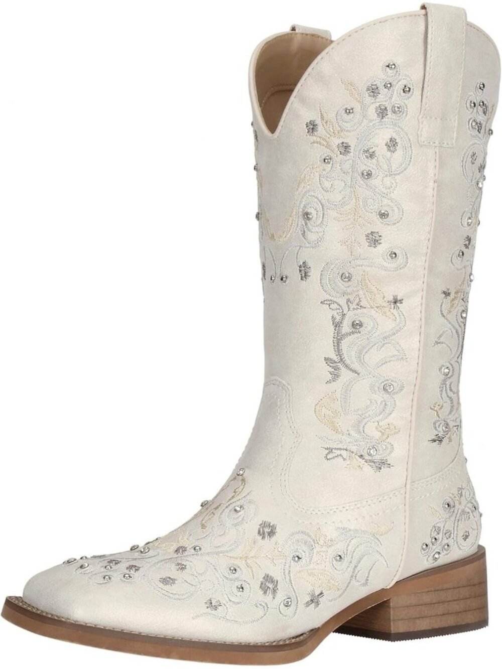 Women's White Faux Leather Western Cowgirl Rhinestone Square Toe Mid Calf Boots